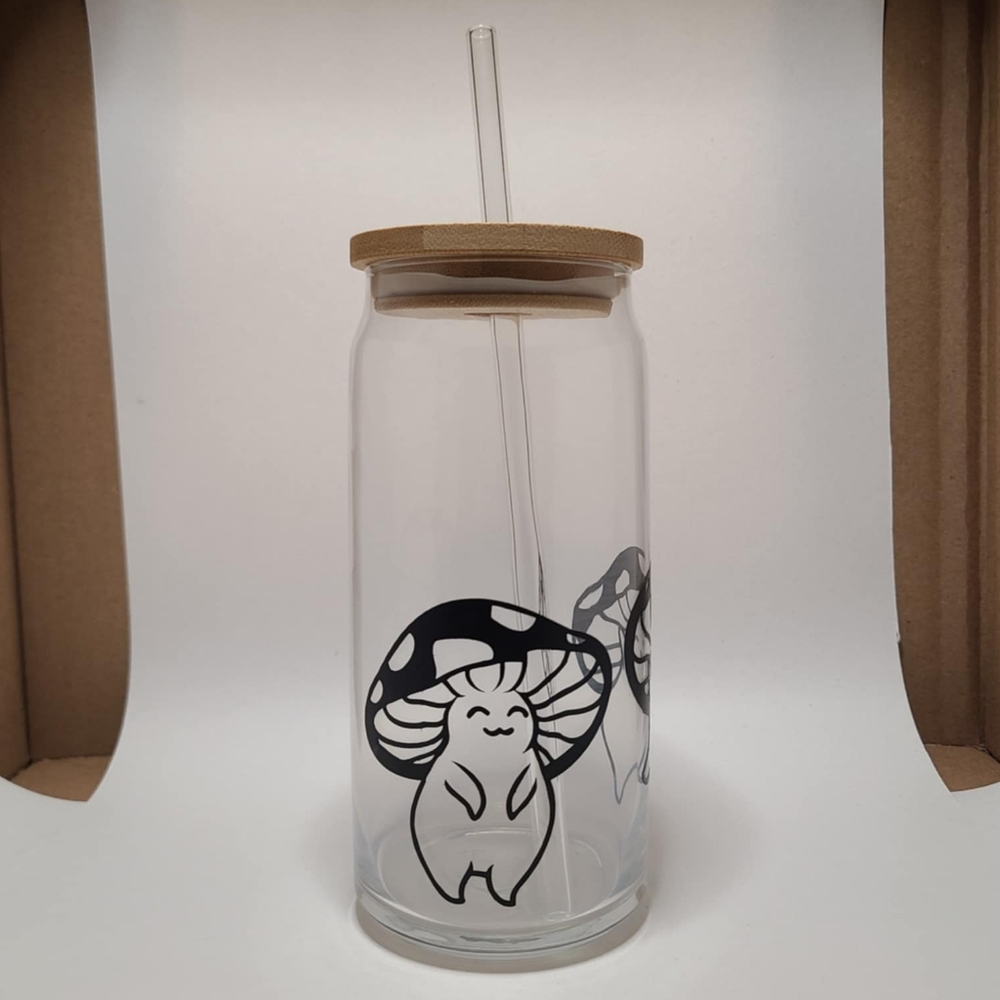 Cute Mushroom Glass Tumbler with Straw